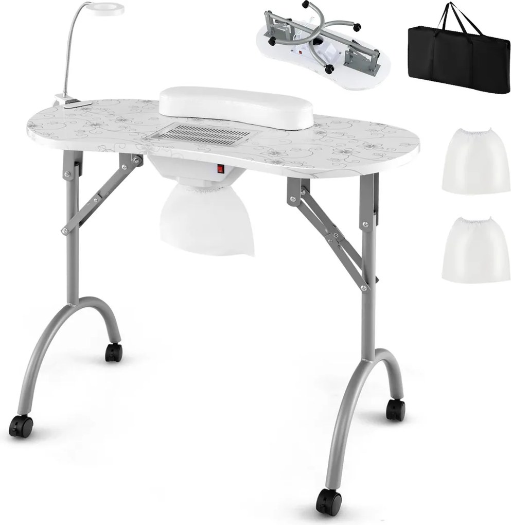 Mesa de manicure unhas portátil com lâmpada LED ajustável Coletor de pó elétrico 4 rodas bloqueáveis 90 x 43 x 73 cm Branco