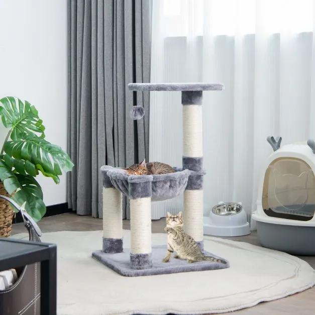 Arranhador para gatos de 64 cm com rede Postes de arranhar cobertos de sisal e bola de brincar Árvore de escalar cinzenta para gatos Cinzento
