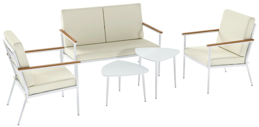 Outsunny Conjunto de Jardim de 5 Peças com 1 Sofá de 2 Lugares 2 Poltronas e 2 Mesas de Centro com Bancada de Vidro Creme | Aosom Portugal