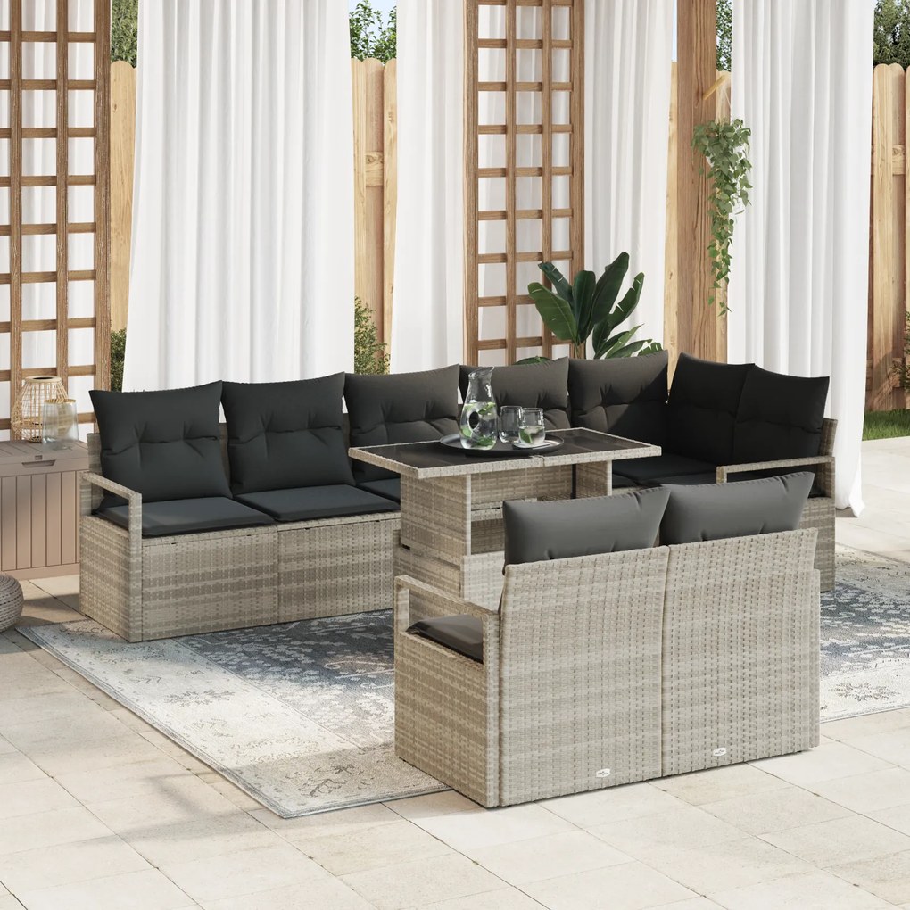 Conjunto de Sofá de Jardim de 9 Peças com Almofadas Cinza Claro Rattan