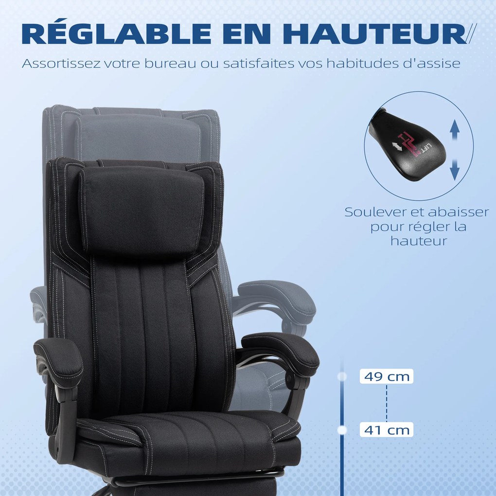 Cadeira de escritório giratória com encosto reclinável e altura ajustável, 65 x 61 x 105-113 cm, preta