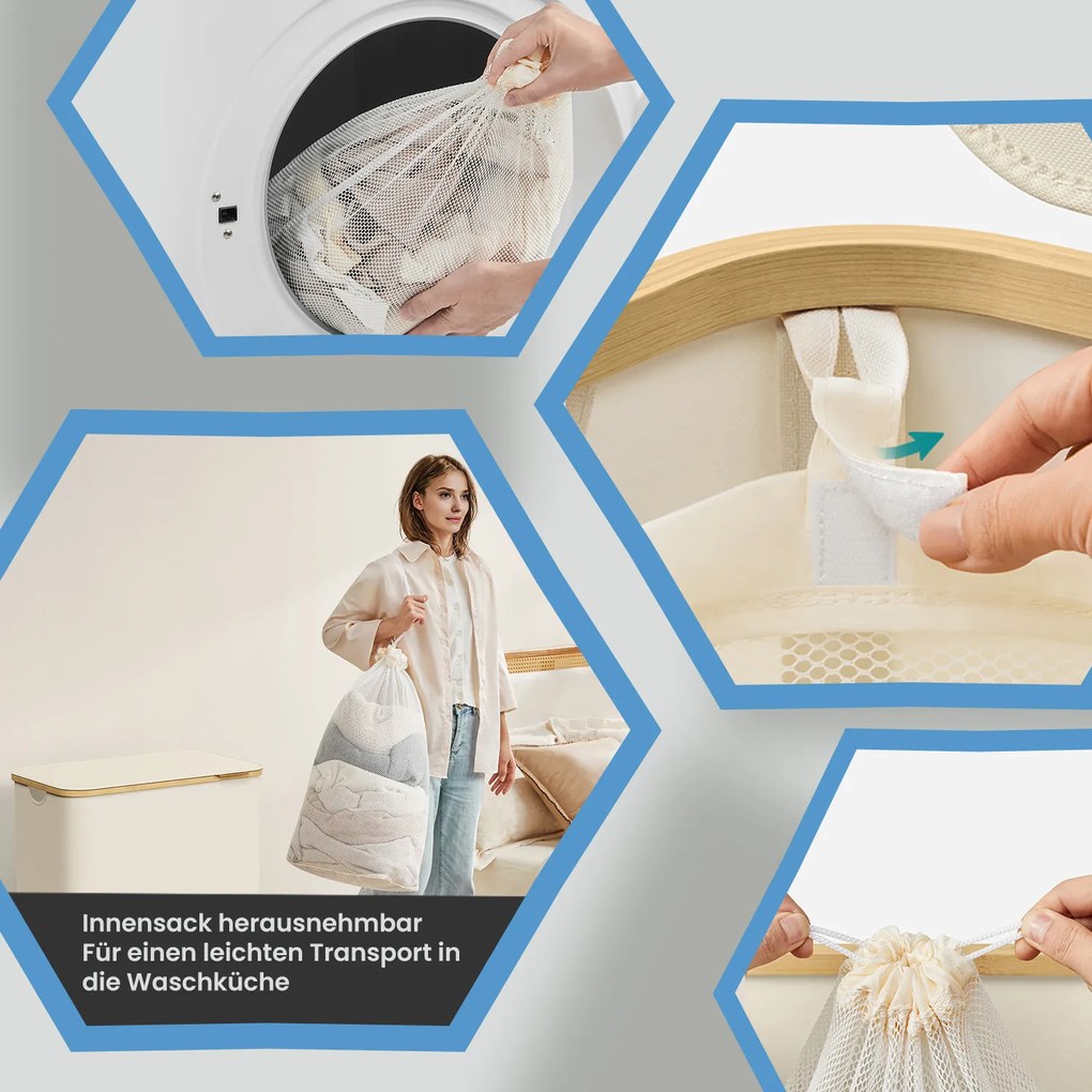 Cesto de bambu para roupa suja de 150 litros com 3 compartimentos 60 x 38,5 x 70,5 cm branco