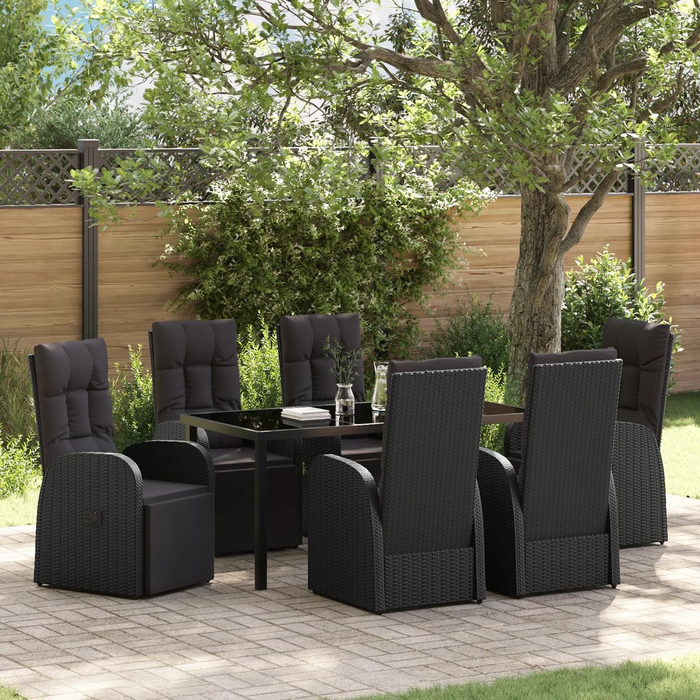 vidaXL Conjunto de Jantar de Jardim 7 Peças com Almofadas Preto Rattan Poliéster