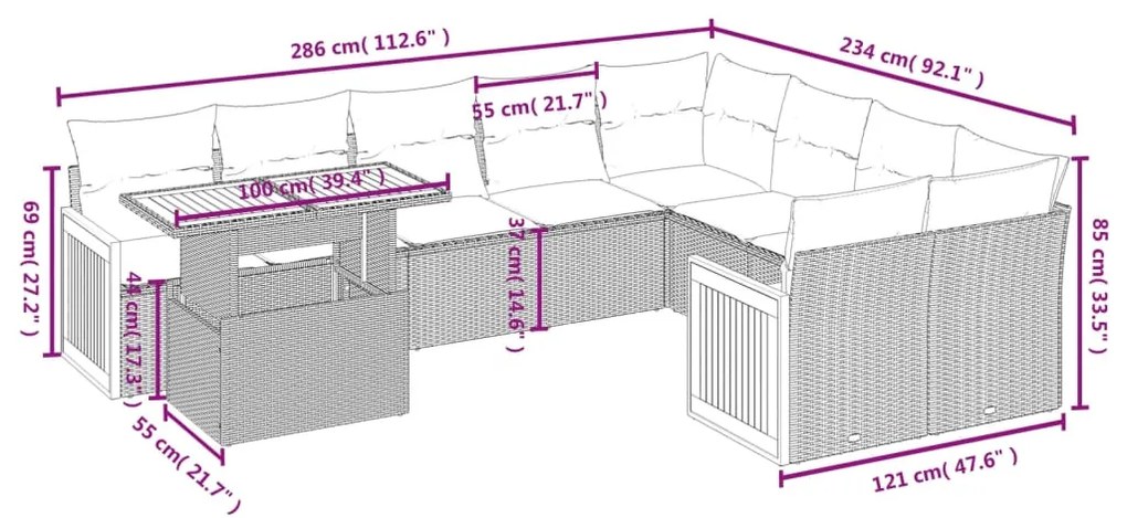 10 pcs conjunto sofás de jardim c/ almofadões vime PE cinzento