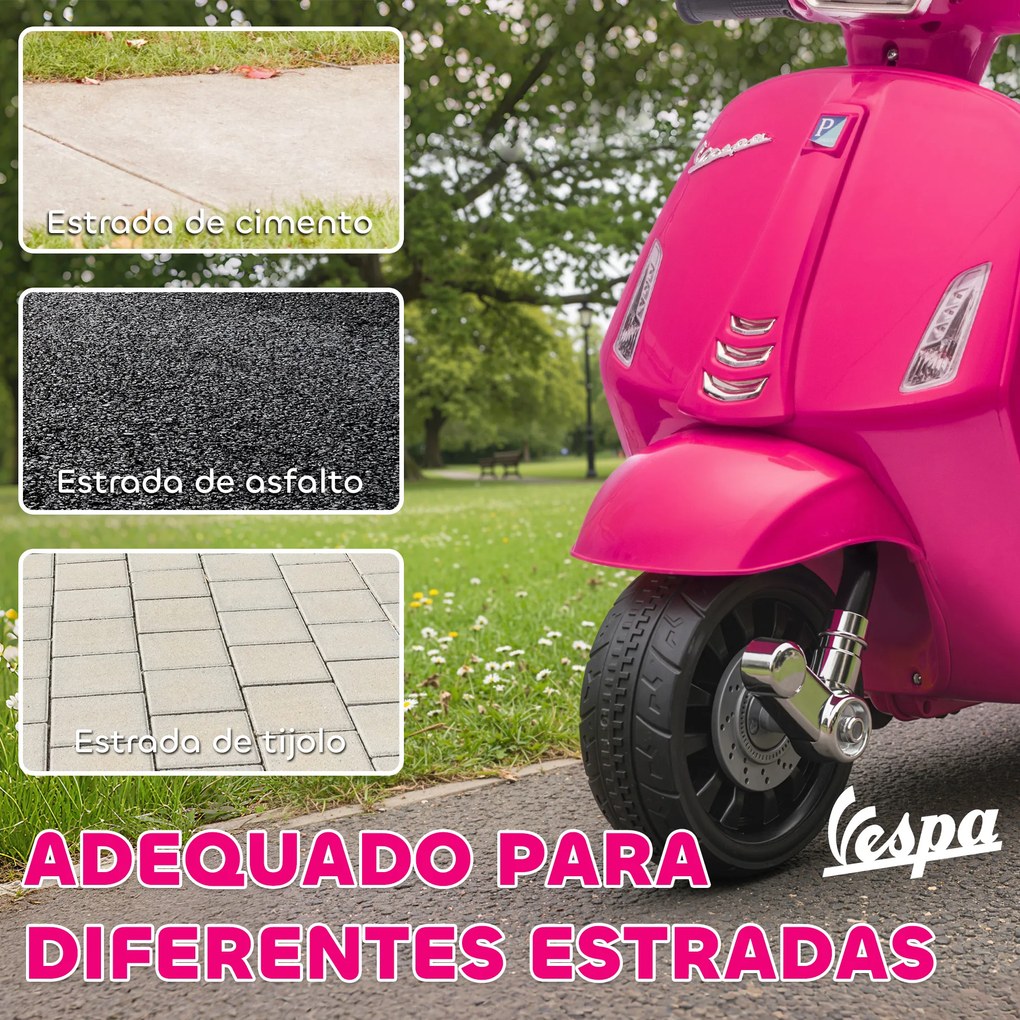 Mota Elétrica para Crianças 6V com Licença Vespa Rodas Auxiliares Velocidade de 2,5km/h Farol e Buzina 71x37x52 cm Rosa