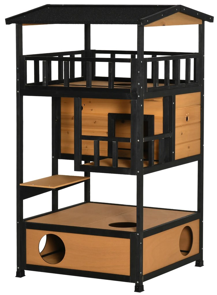 Casa para Gatos de Madeira 75,5x75x137 cm Abrigo para Gatos com Telhado Asfáltico Plataformas e Ninho Natural