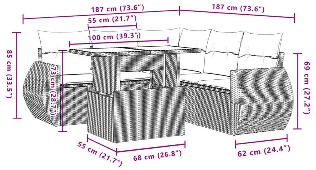 6 pcs conj. sofás jardim com almofadões vime PE cinzento-claro