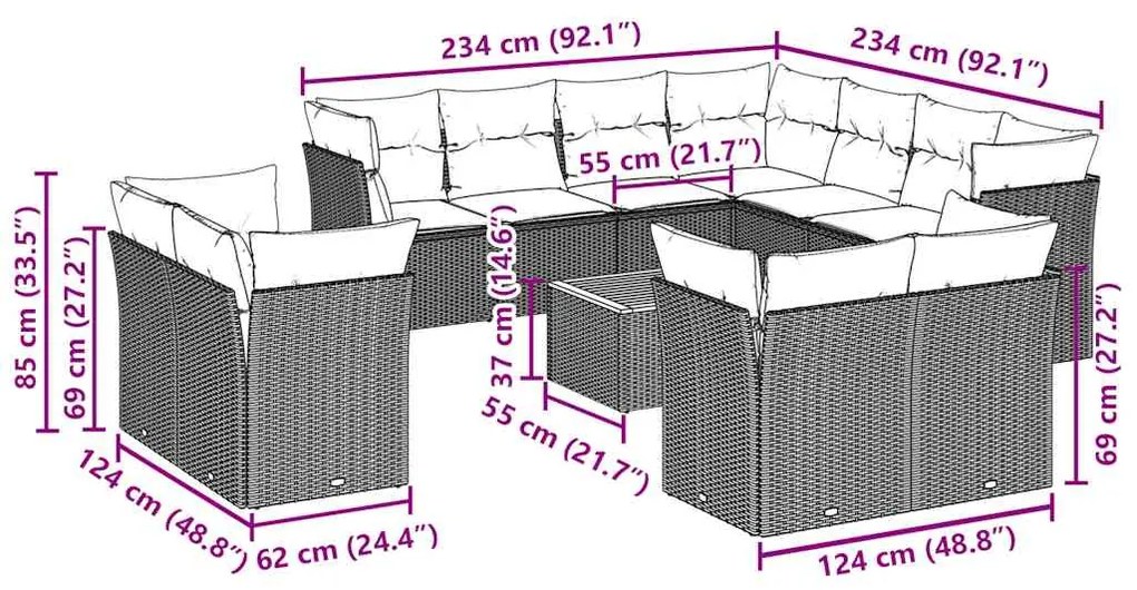 12 pcs conjunto de sofás de jardim c/ almofadões vime PE preto