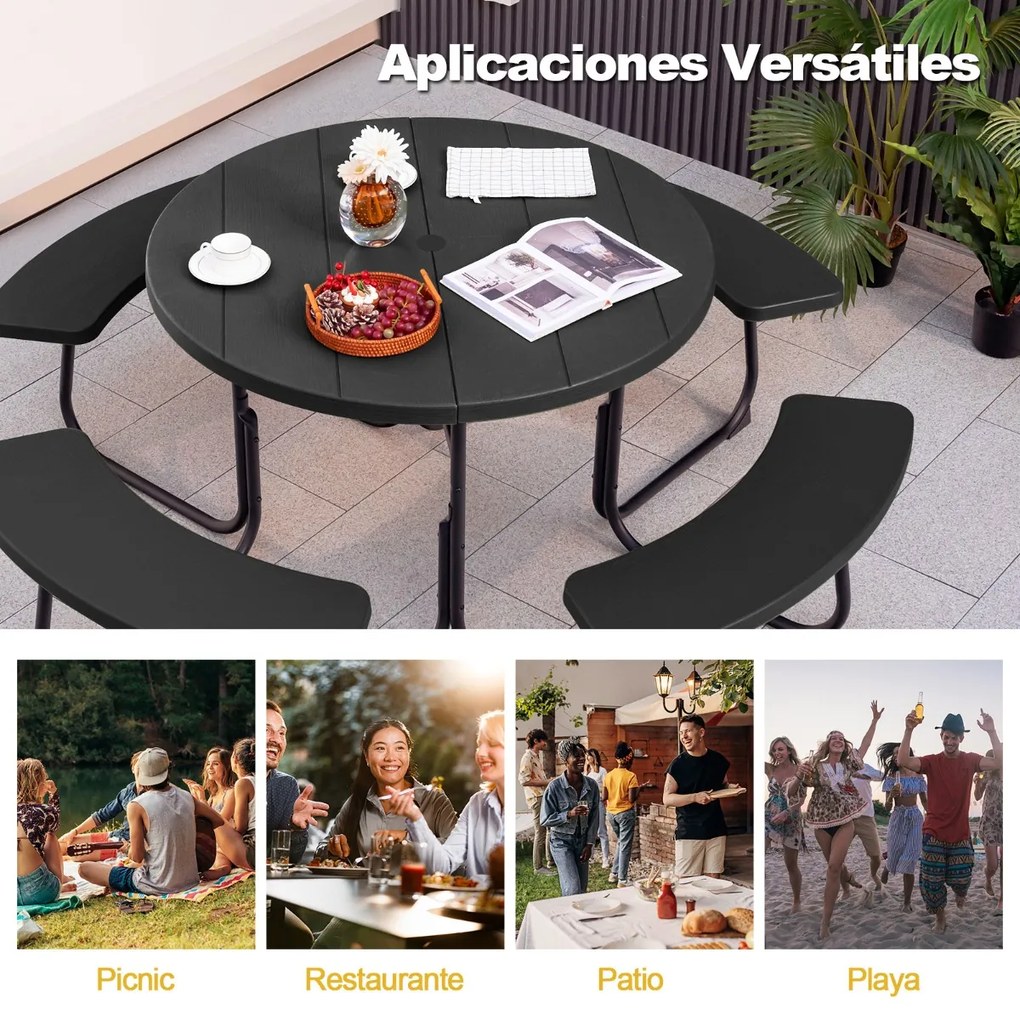 Conjunto de jardim para 8 pessoas com mesa e 4 bancos, orifício para guarda-sol e mesa de campismo redonda para piquenique no jardim Carga 225 kg Pret