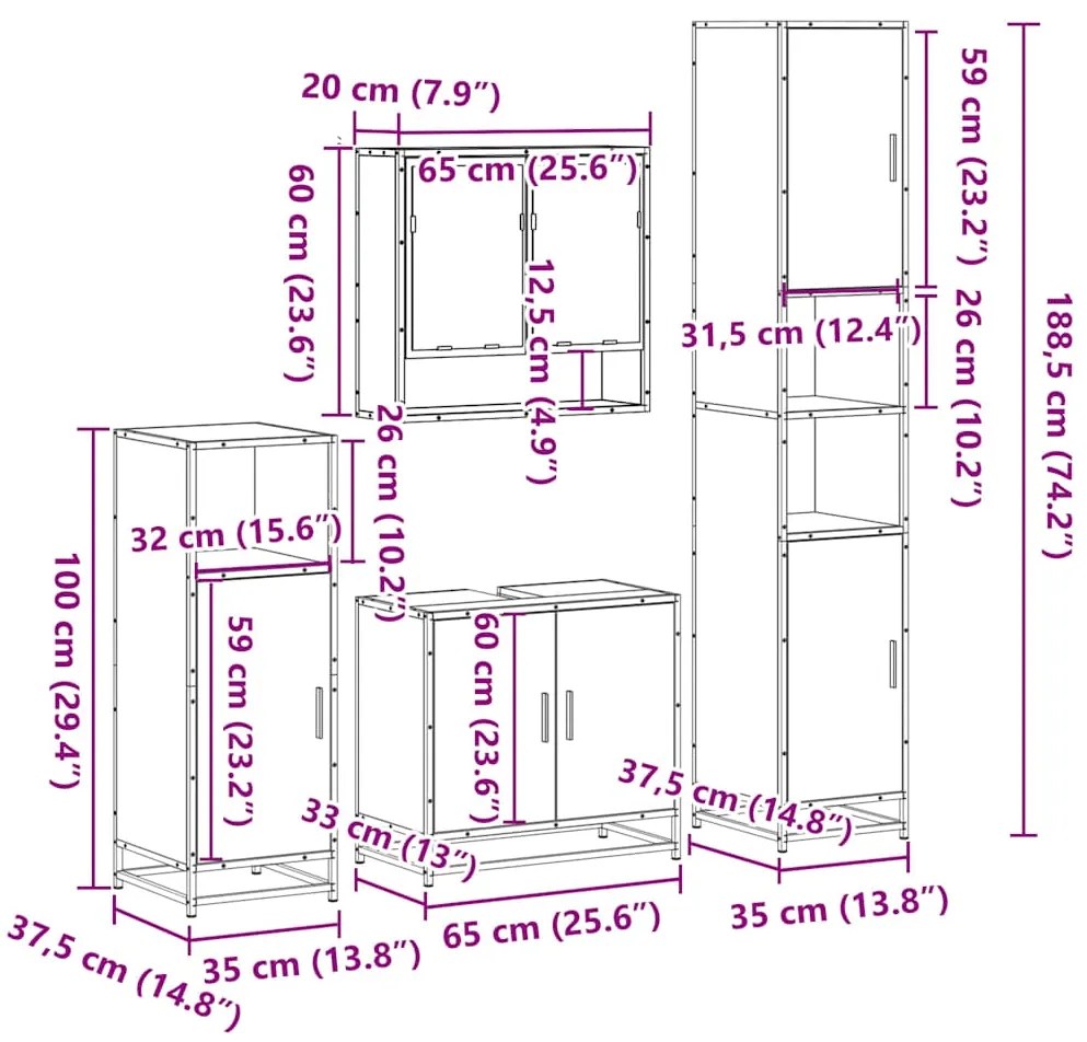 4 pcs Conjunto móveis casa de banho madeira proc. cinza sonoma