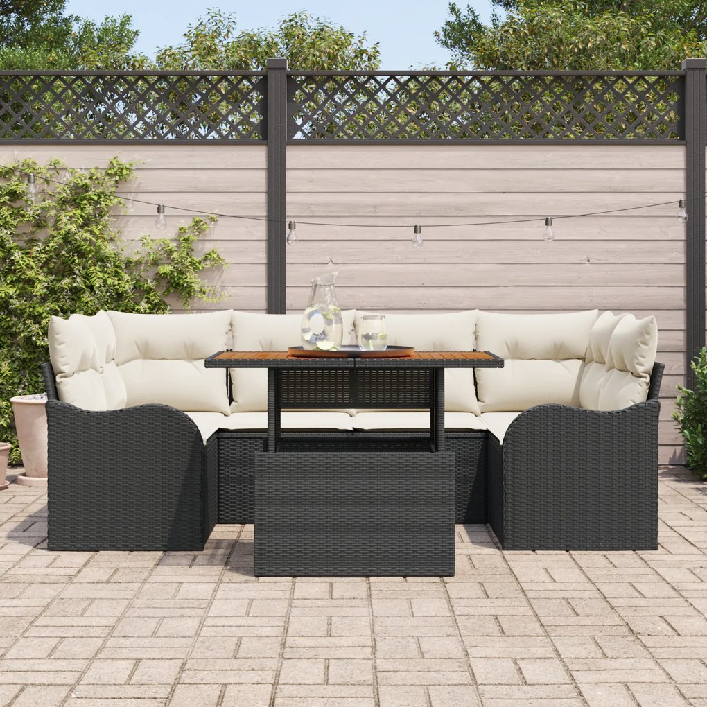 Conjunto de Sofá de Jardim vidaXL de 7 Peças com Almofadas Preto Vime