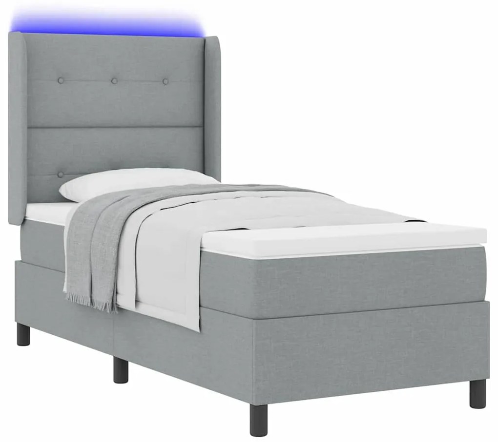Cama Box Spring com Colchão e Luz LED Cinza Claro 80 x 200 cm