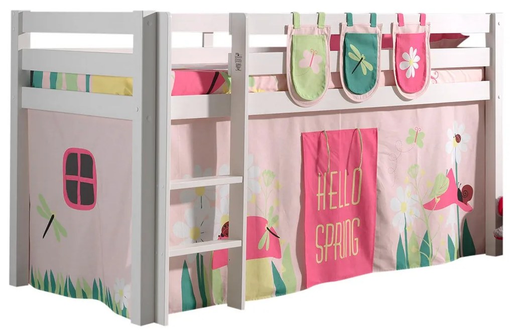 Conjunto Cama alta de Criança PINO 90 x 200 cm + estrado + escada + cortina +3 bolsas Primavera Branca