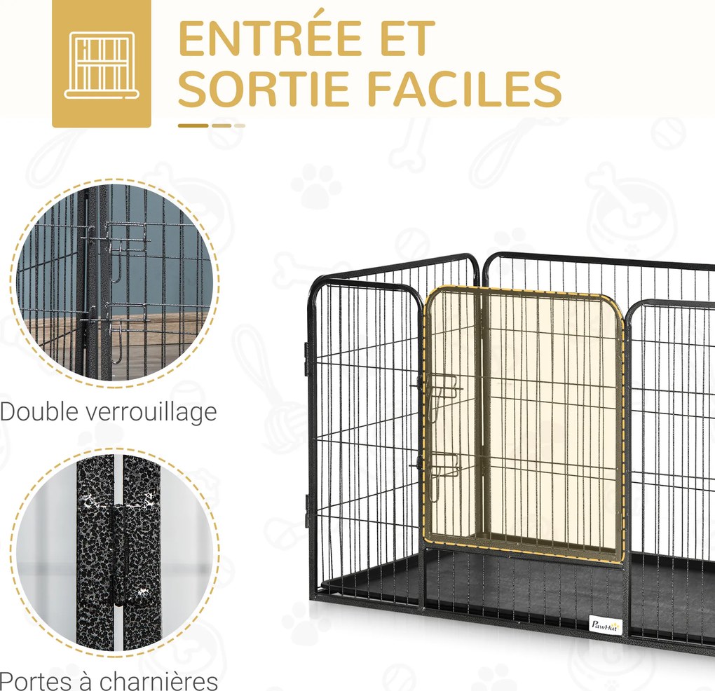Parque para cães 109 x 74 x 71 com 4 painéis de rede metálica e porta com fechadura, Preto