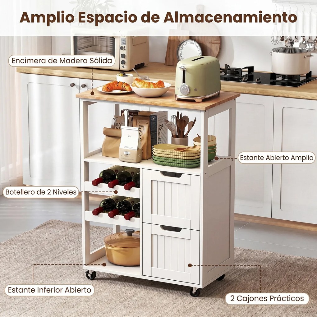 Carrinho de Cozinha com Garrafeira, 65 x 37 x 89 cm, Arrumação Completa, Branco