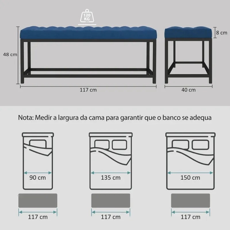 Banco entrada ou ao Pé da Cama Estofado em Veludo Design Capitoné Base de Metal Banco para Quarto Entrada Sala 117x40x48 cm Azul Escuro