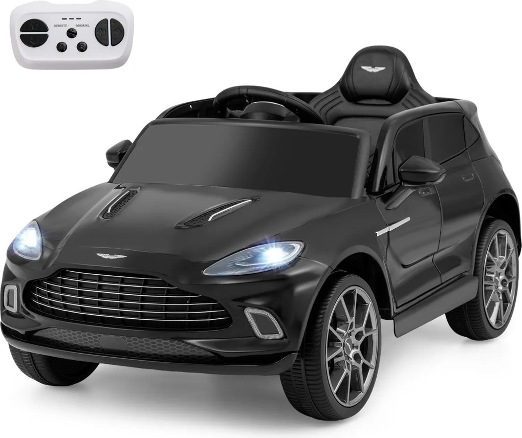 Carro elétrico infantil de 12 V Aston Martin DBX com portas duplas com fecho, controlo remoto, arranque gradual, luzes LED, porta USB e buzina – Preto