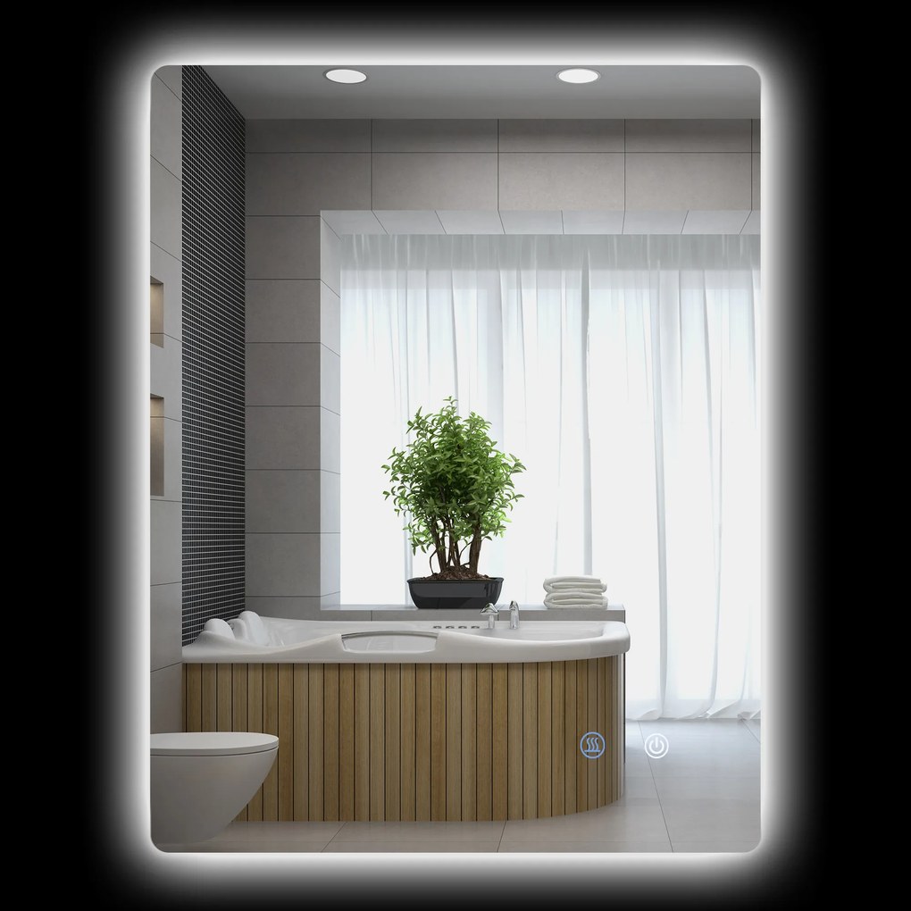 Espelho retangular de parede com iluminação LED para casa de banho, 80 x 60 cm, luminosidade regulável, branco transparente