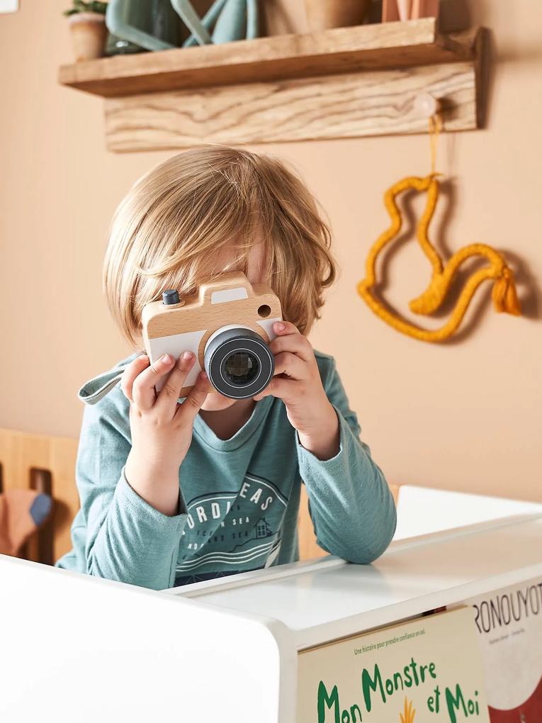 Máquina fotográfica em madeira branco medio liso com motivo