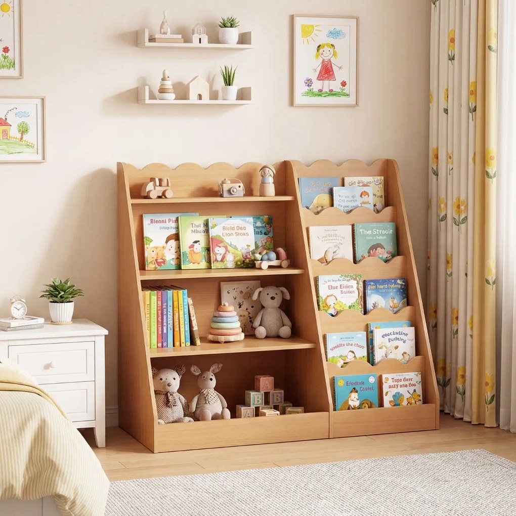 Estante infantil para livros 90 x 40 x 80,5 cm com espaço de arrumação aberto para quarto, sala de jogos e creche, estilo natural