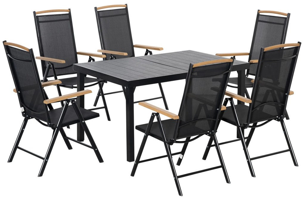 Outsunny Mobiliário de Jardim Exterior para 6 Pessoas Estrutura em Alumínio Mesa 140 cm 6 Cadeiras Dobráveis e Reclináveis Preto | Aosom Portugal