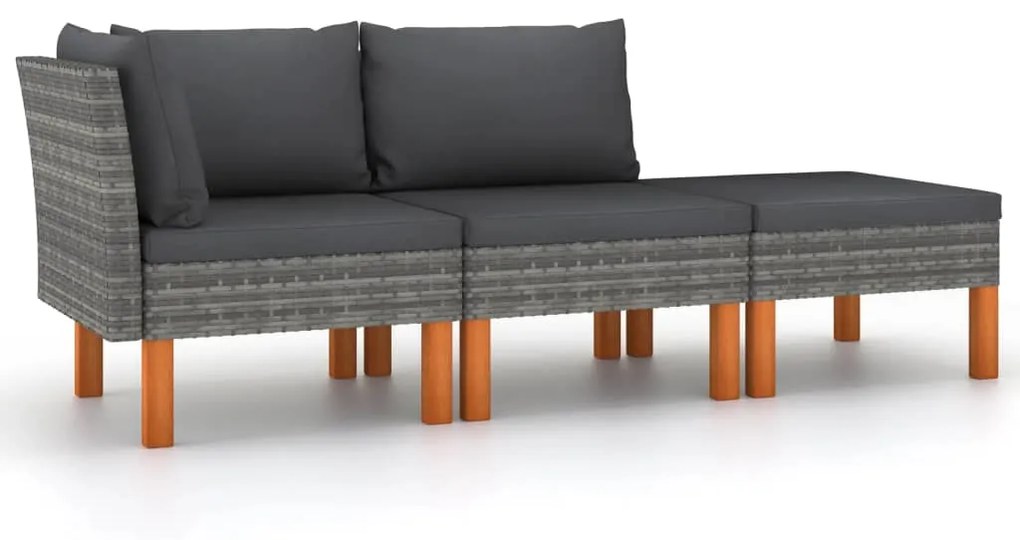 vidaXL 3 pcs conj. lounge jardim vime PE e madeira de eucalipto maciça