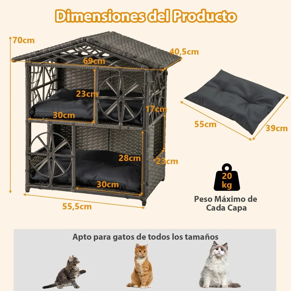 Casa para gatos em vime de 2 andares 69 x 40,5 x 70 cm com almofadas removíveis, teto, janelas e portas com sombra cinza.