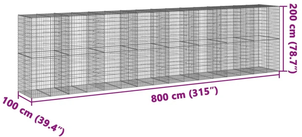 Cesto gabião com cobertura 800x100x200 cm ferro galvanizado