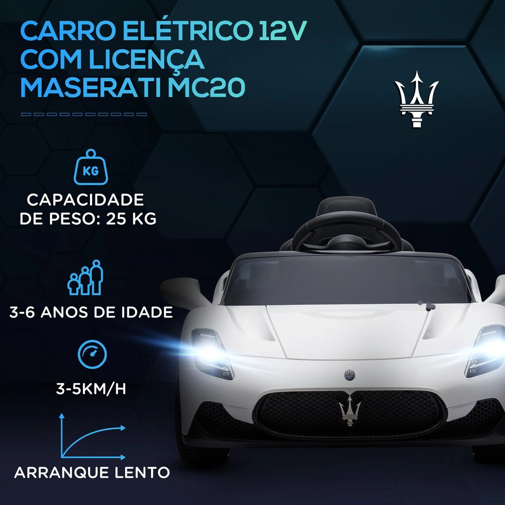 Carro Elétrico para Crianças com Licença Maserati MC20 com Bateria 12V Controlo Remoto Farois Buzina e Música 105x65,5x42 cm Branco