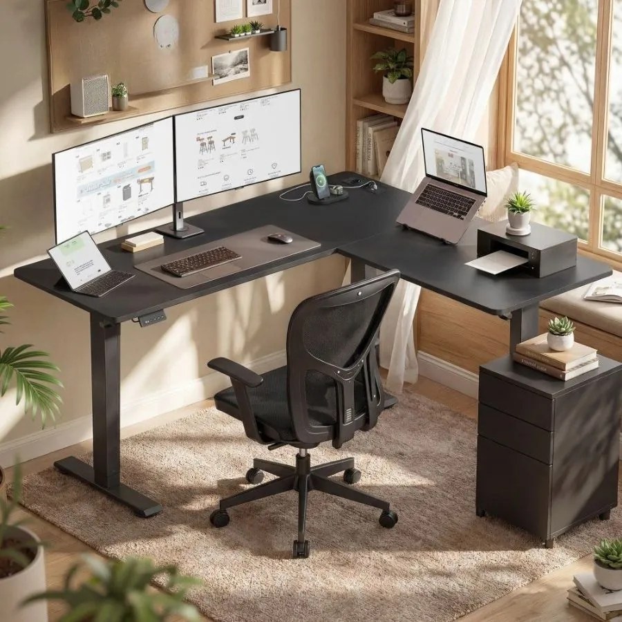 Secretária elétrica com altura ajustável, 160 x 140 x (72-120) cm, em forma de L, com tomadas, preta