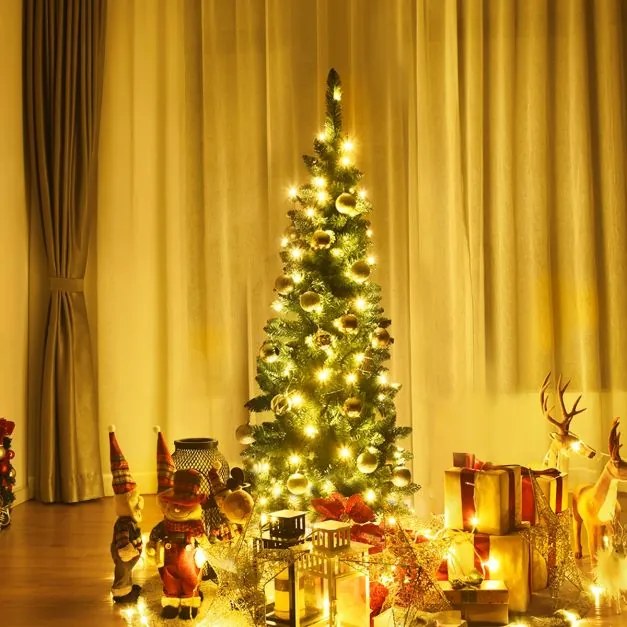 Árvore de Natal com neve de 1,35 m, 226 ramos, base metálica sólida e luzes LED Verde