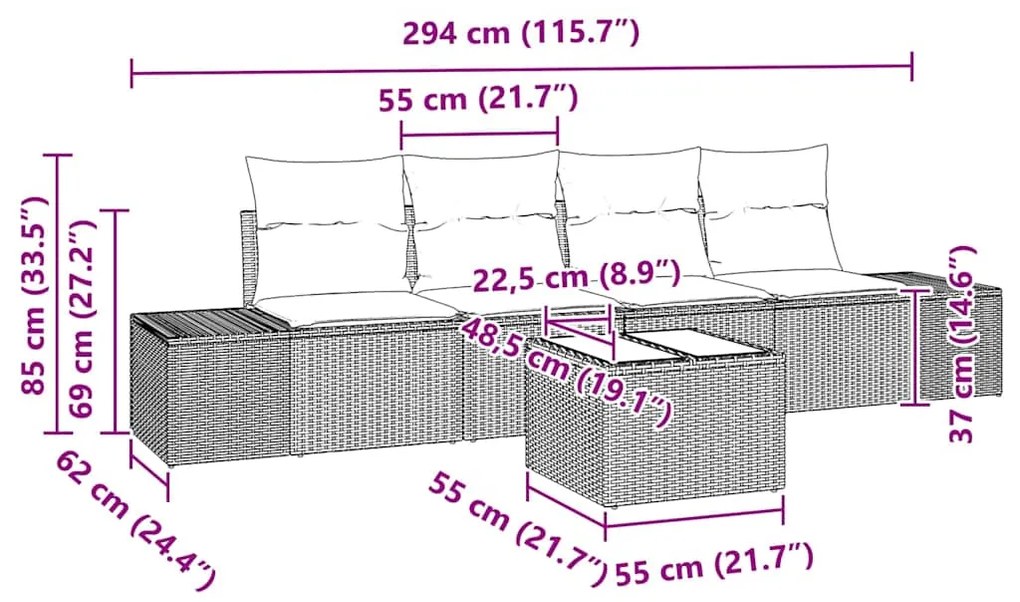 Conjunto de Sofá de Jardim 5 Peças com Almofadas em Rattan Poliéster B