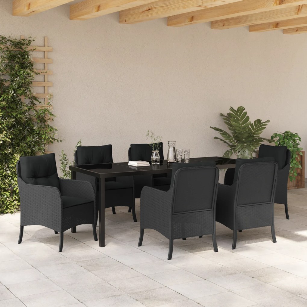 Conjunto de Jantar de Jardim de 7 Peças com Almofadas Vime Preto