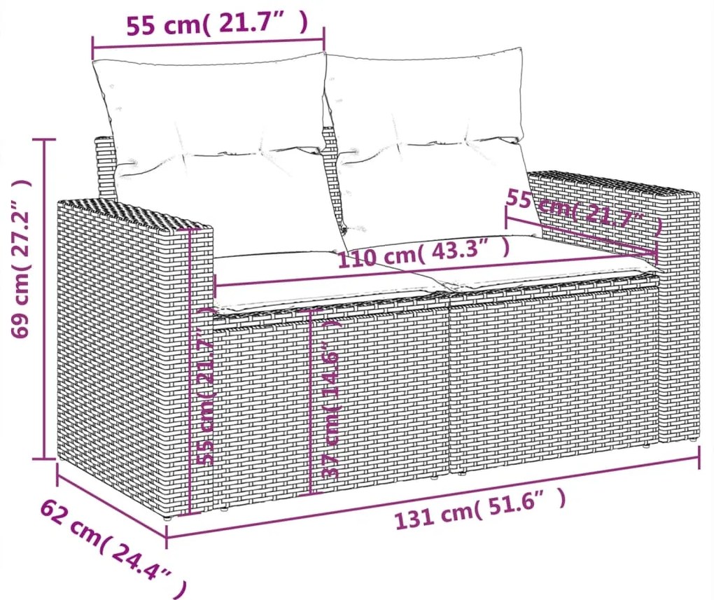 10 pcs conjunto sofás p/ jardim c/ almofadões vime PE cinzento