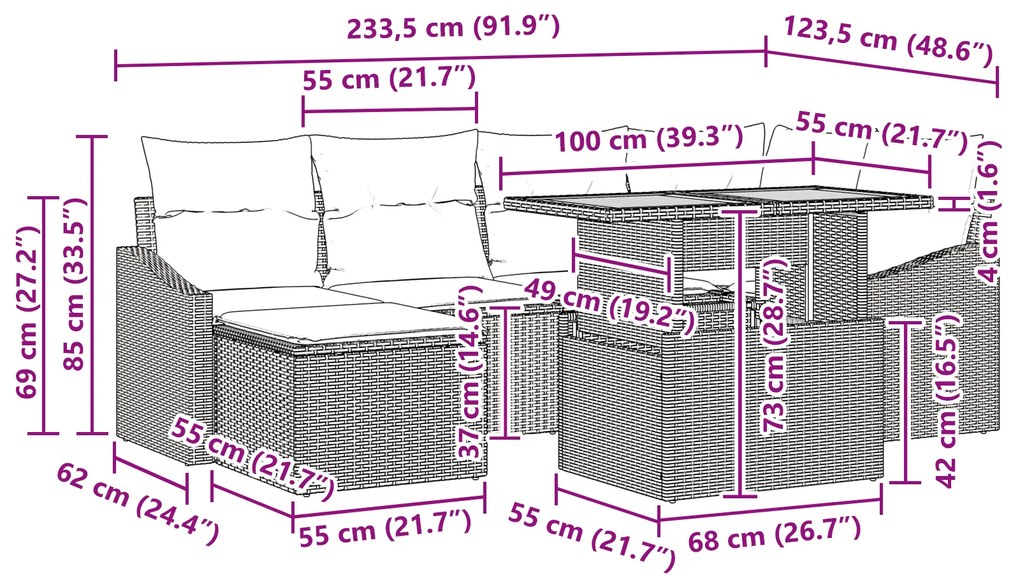 Conjunto de Jantar de 7 Peças para o Jardim com Almofadas Bege Vime PE