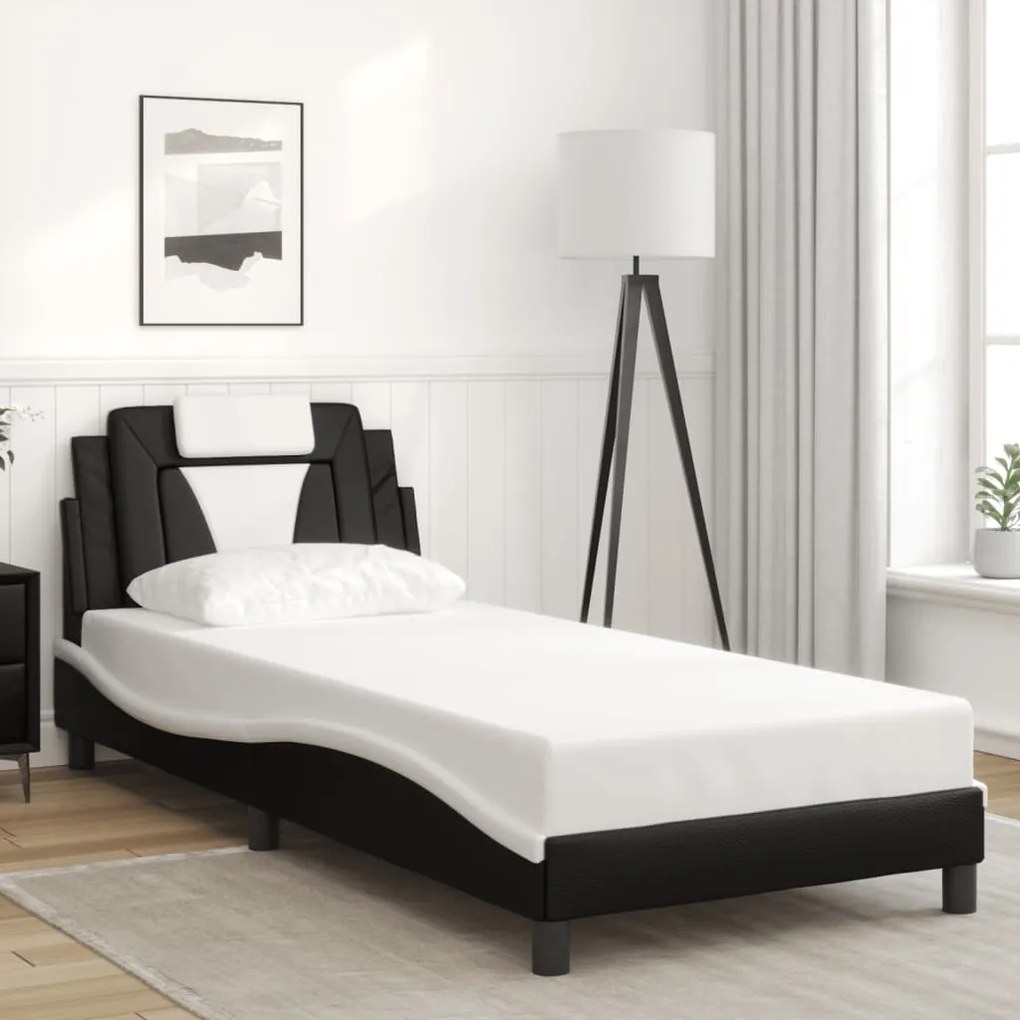 Estrutura cama c/ luzes LED 90x200 cm couro artif. preto/branco