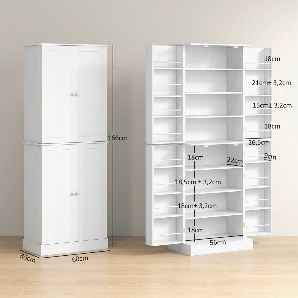 Armário de cozinha 60 x 35 x 166 cm tipo dispensa, prateleira ajustável e suporte para especiarias, branco