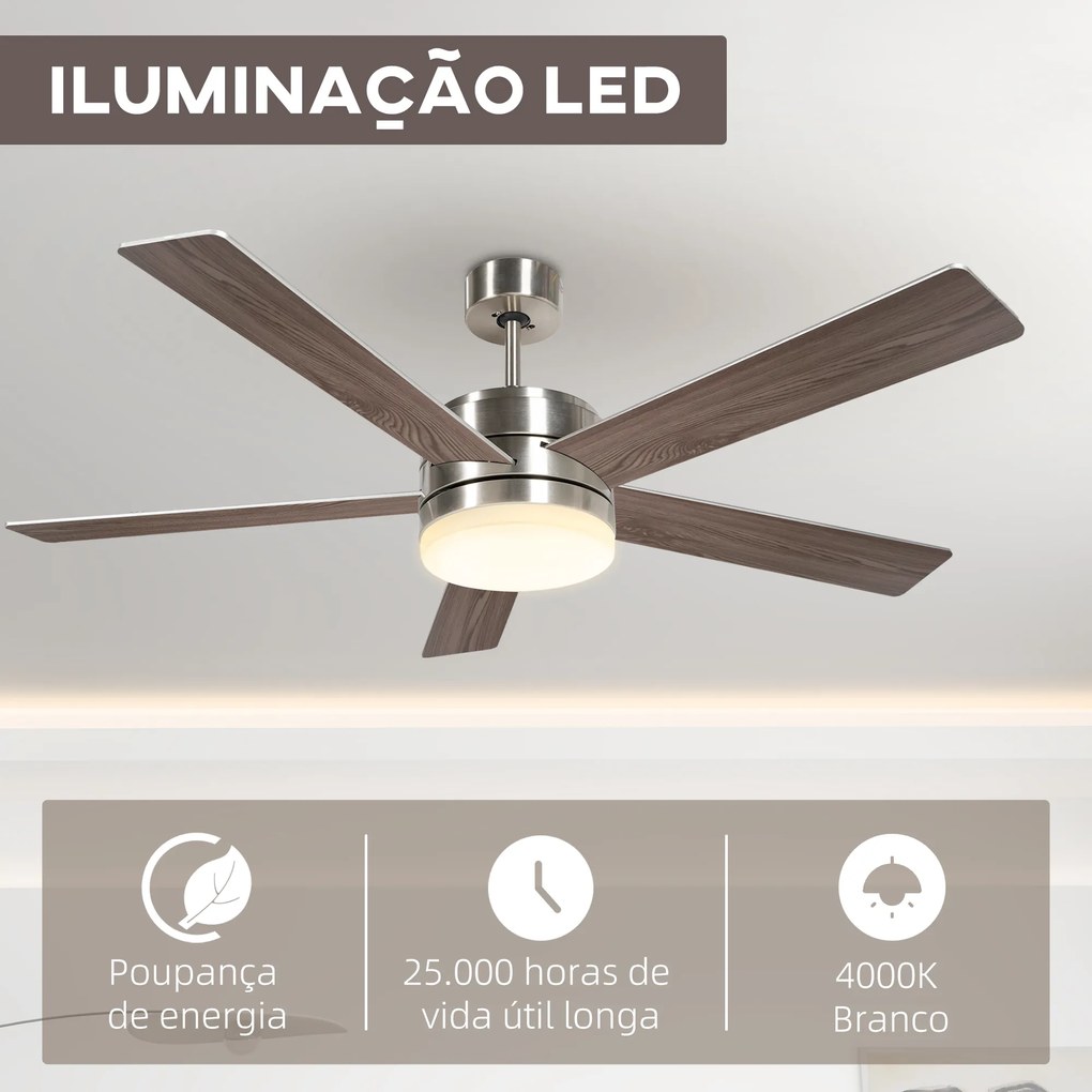 Ventoinha de Teto com Luz LED 46W Ø132 cm com 5 Lâminas Reversíveis Controlo Remoto 6 Velocidades e Temporizador Prateado