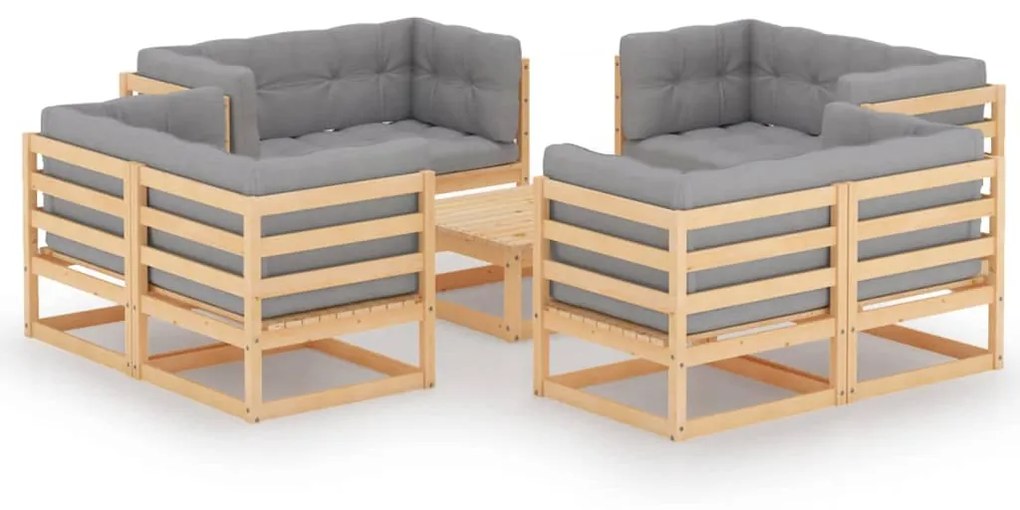 vidaXL 9 pcs conjunto lounge de jardim c/ almofadões pinho maciço