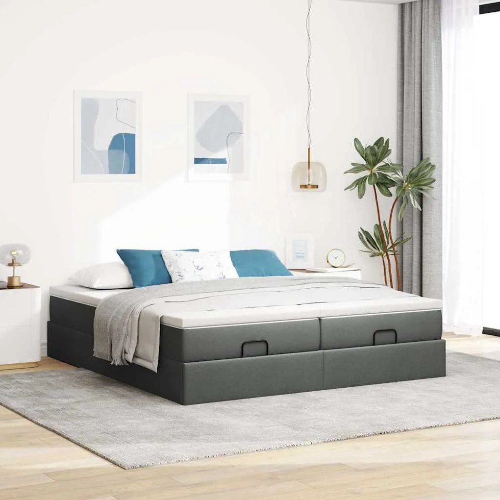 Estrutura de cama otomana com colchões tecido cinzento escuro