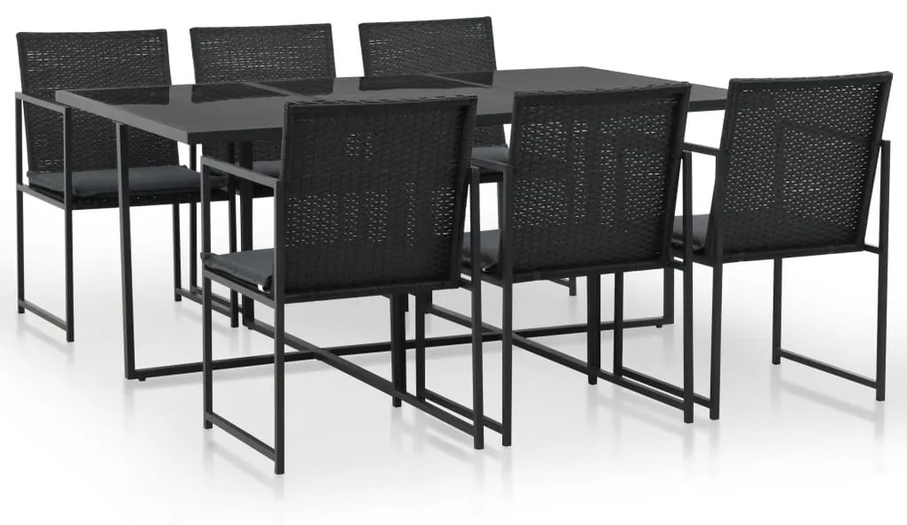 7 pcs conjunto jantar exterior com almofadões vime PE preto