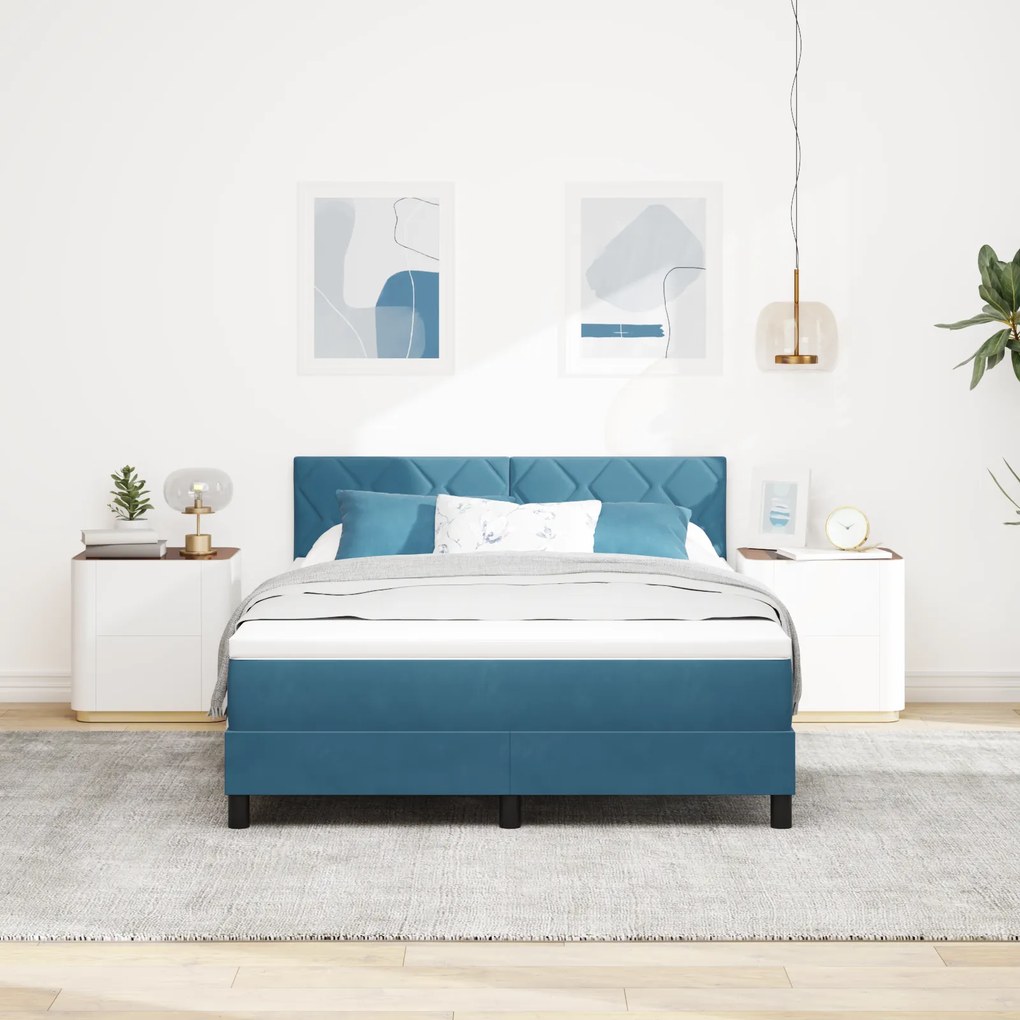Cama Box Spring com Colchão Azul Escuro 160x200 cm Veludo