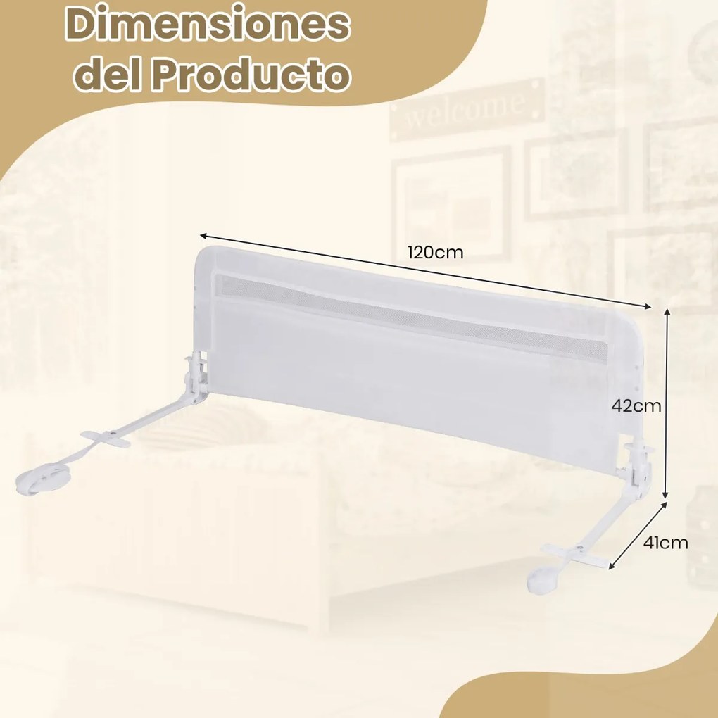 Barreira de Cama para Crianças Dobrável de 120 cm com Capa Removível e Lavável e Correia de Segurança Branca