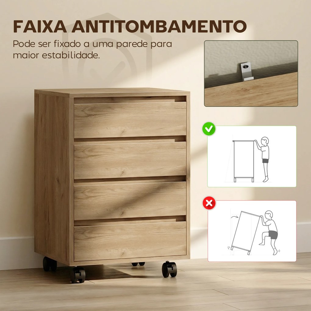 Bloco de Gavetas de Escritório com 4 Gavetas Rodas para Escritório 46x40x65 cm Castanho