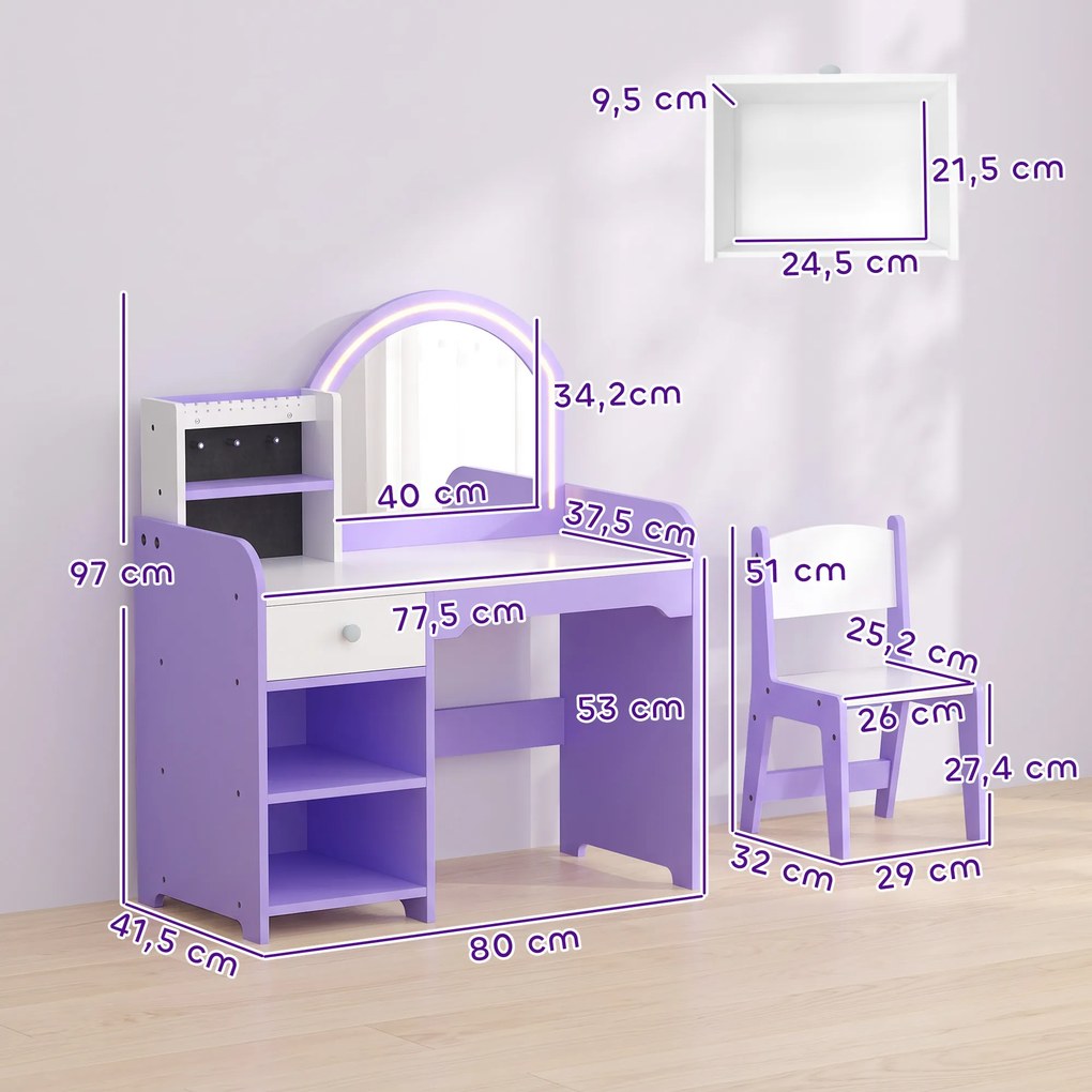 Penteadeira de Maquilhagem para Menina com Espelho LED de 2 Cores, Banco, Suportes para Joias, Gaveta e Compartimentos, Roxo
