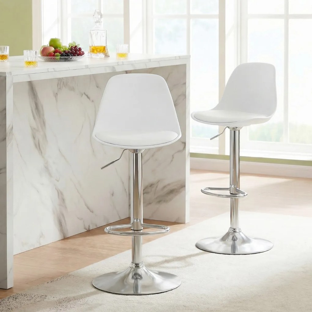 Conjunto de 2 bancos giratórios de bar com encosto ajustável em altura, estofados em couro sintético e apoio para os pés branco e prata