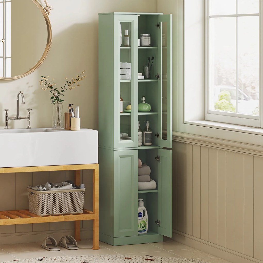 Móvel de casa de banho com 6 níveis 38 L x 26 P x 160 A cm, móvel de arrumação com 4 portas com fecho suave e prateleiras ajustáveis, verde