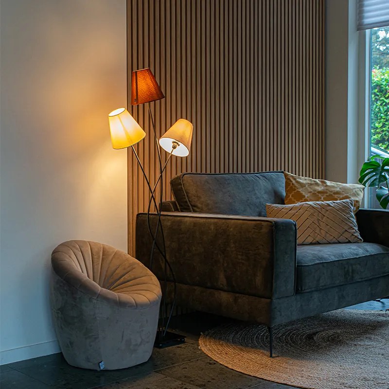 Candeeiro de pé design preto com abajures de tecido 3 luzes - Melis