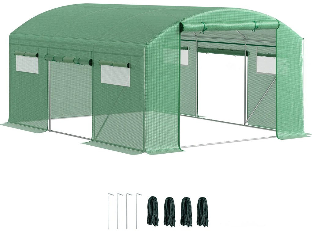 Outsunny Estufa tipo Túnel 397x300x200 cm Estufa de Exterior com 4 Janelas de Malha Cobertura de PE Anti UV e 3 Portas Enroláveis com Fecho de Correr Estufa para Jardim Pátio Verde