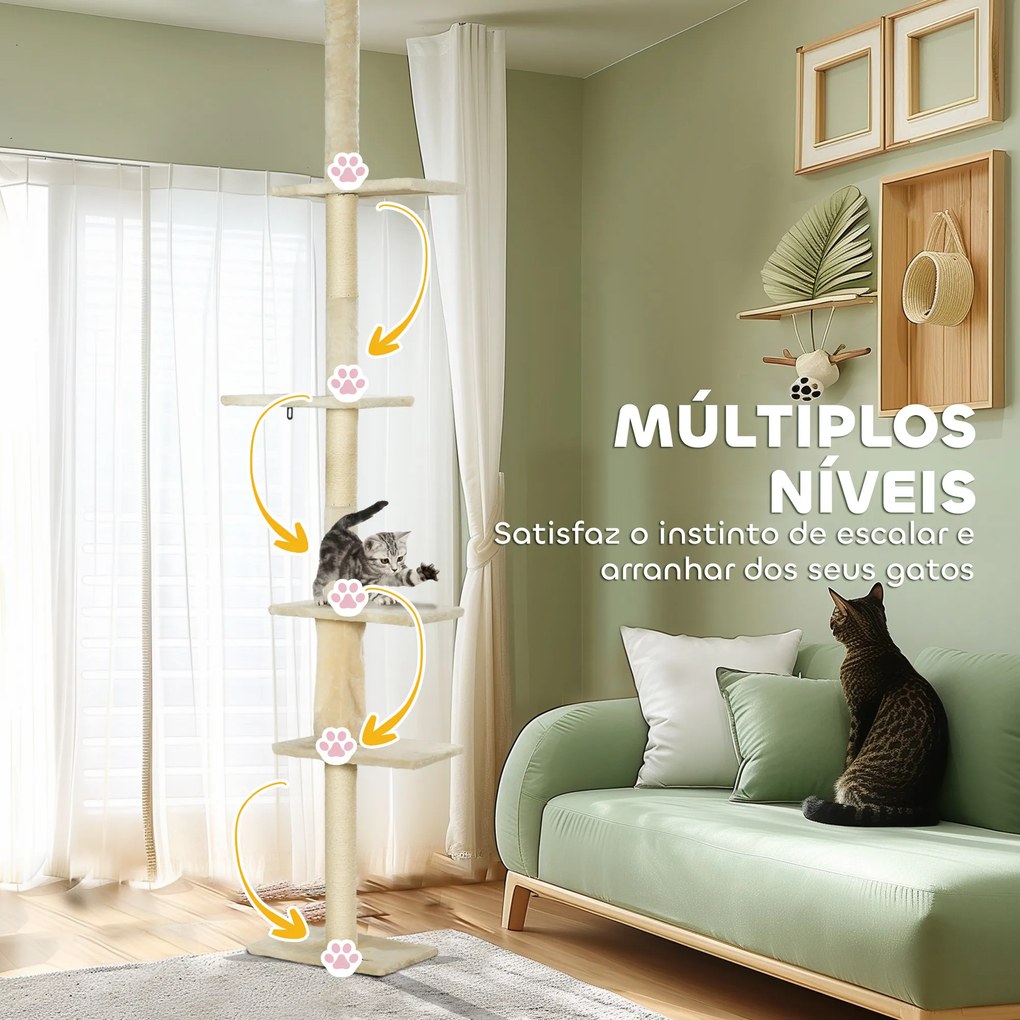 Arranhador para Gatos do Chão ao Teto 225-275 cm Torre para Gatos com Múltiplas Plataformas Sistema Anti-Tombo Creme